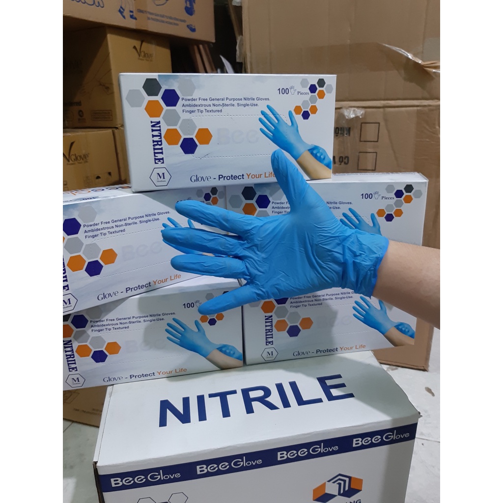 1 THÙNG 10 Hộp Găng tay cao su nhân tạo NITRILE không bột BEE GLOVE, chính hãng Màu Blue 4.0gr-Size S,M,L