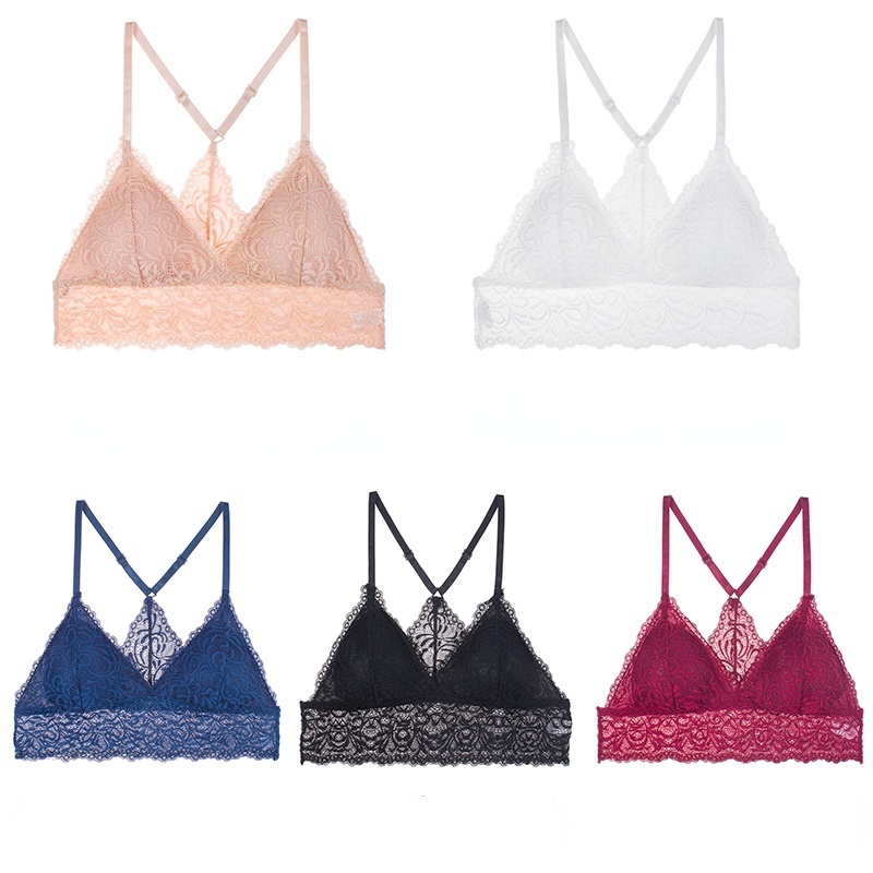 Áo Ngực Cotton Ren Chữ Y Màu Trắng/Đen Không Gọng Có Khóa Cài Dành Cho Nữ