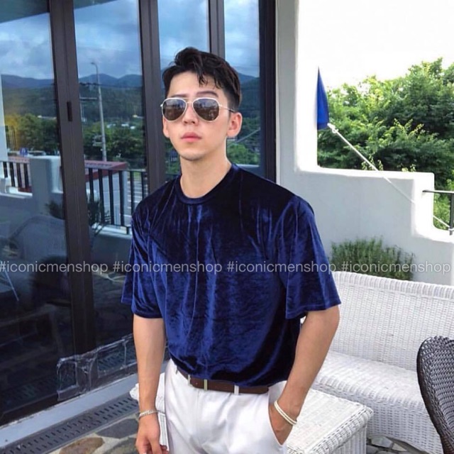 Áo thun nhung nam fom rộng - xanh đen