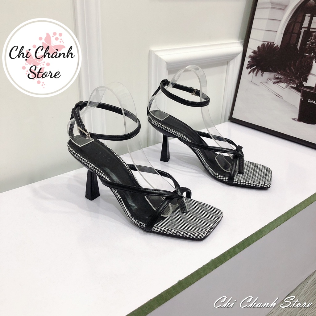 Sandal Cao gót Ly 7p Da Mềm Phối Caro Hàng Chuẩn Form Lên Chân Tôn Dáng - Chị Chảnh Store