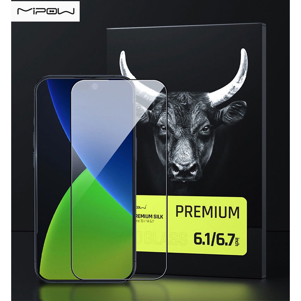 Miếng Kính Cường Lực cho iPhone 14 / 14 Plus / 14 Pro / 14 Pro Max Hiệu MIPOW KINGBULL PREMIUM SILK HD 2.7D Cao Cấp