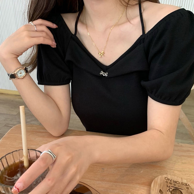 Áo thun COZOK ngắn tay kiểu cổ yếm xinh xắn phong cách Hàn Quốc