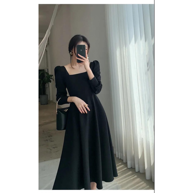 Váy Cổ Vuông Tay Dài Trơn ⚡️ẢNH THẬT⚡️ Đầm Cotton Chất Đẹp Dáng Xòe Cực Chảnh