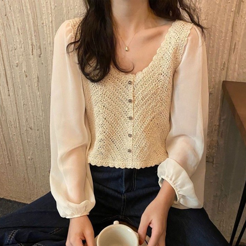Brroa Áo Khoác Cardigan Dệt Kim Vải Voan Tay Dài Phồng Cài Nút Xuống Cổ Dệt Kim Màu Trơn Kiểu Pháp Cho Nữ