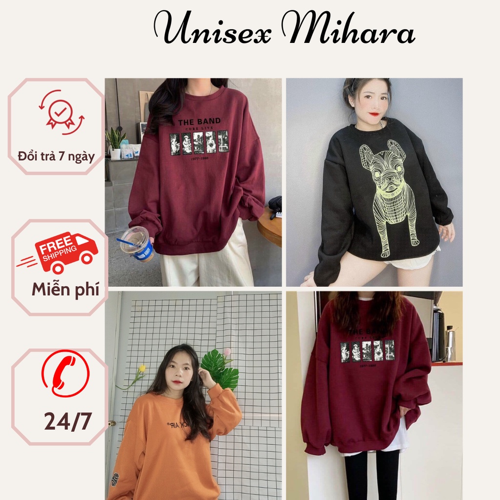Áo sweater nữ nỉ cotton, tay bồng, bo tay,không bai xù,kiểu dáng Hàn Quốc, Over size, Áo swt nam nữ cá tính, đi học,-MHR