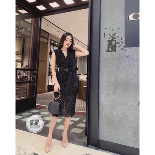 Đầm Body Ren Cột Nơ Eo Cổ V