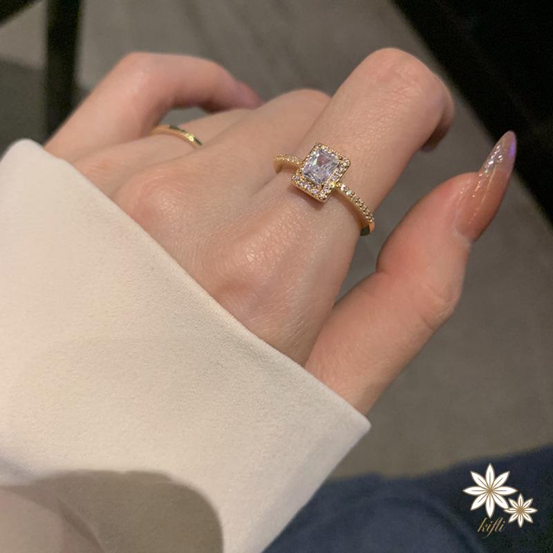 【kifli】Nhẫn Hở Đính Đá Zircon Hình Vuông Có Thể Điều Chỉnh Phong Cách Hàn Quốc Tinh Tế Cho Nữ