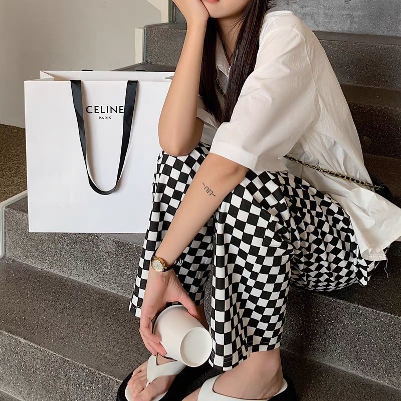 COZOK Quần dài ống rộng họa tiết caro thời trang cho nữ