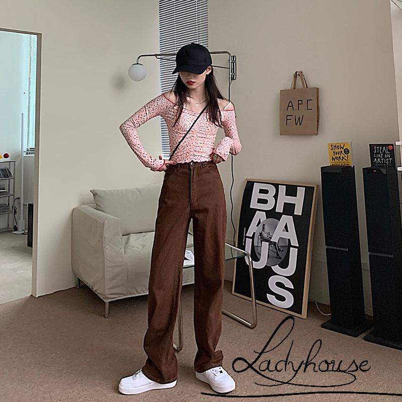 Quần dài nữ ống rộng lưng cao màu sắc vintage thời trang