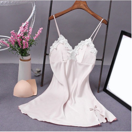 (Có size) Váy ngủ 2 dây lụa phối ren có đệm ngực, chất mỏng nhẹ, thoáng mát