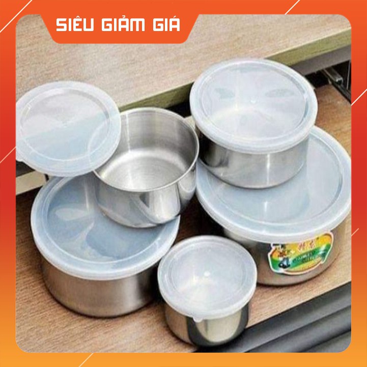 Xả kho Set 5 Hộp để thức ăn trong tủ lạnh chất liệu inox có nắp đậy silicon freeship có ảnh thật kèm video