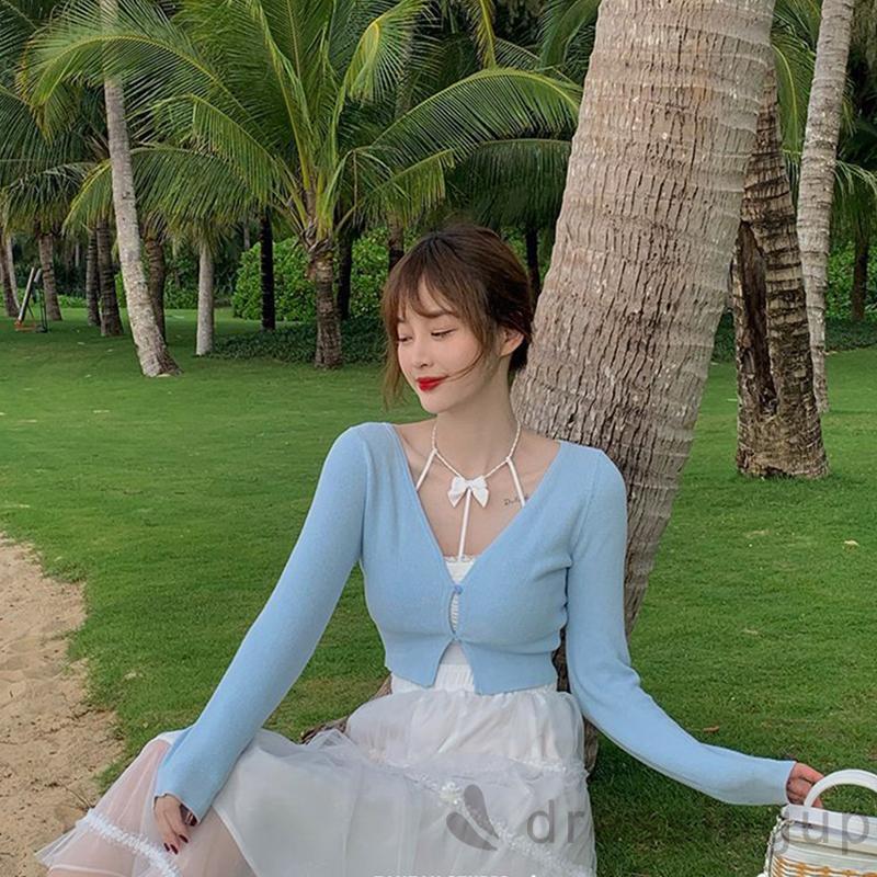 Áo dệt kim tay dài cổ chữ V màu trơn cá tính cho nữ