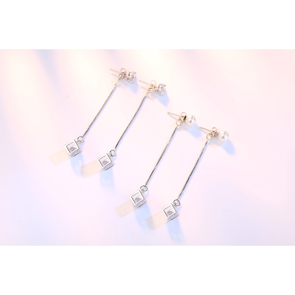 Bông Tai Bạc 925 Hình Khối Rubik Phối Dây Xích Thời Trang Hàn Quốc Cho Nữ-S1