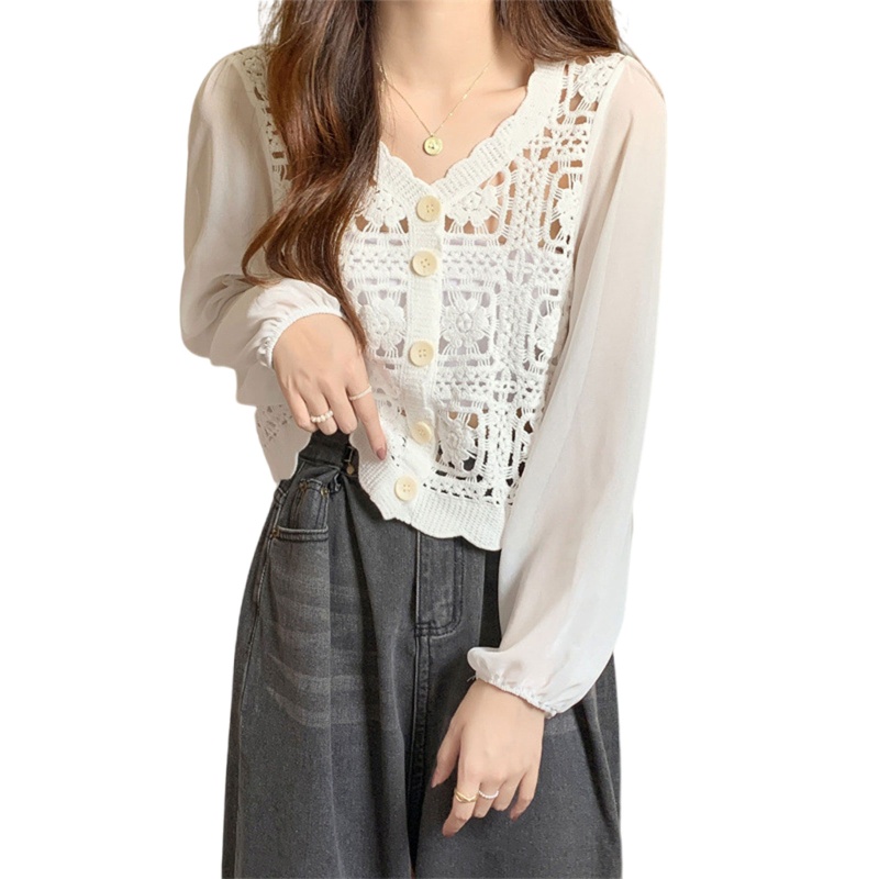 Áo Khoác Cardigan Chiffon Tay Dài Phồng Cổ Chữ V In Họa Tiết Hoa Thời Trang Cho Nữ