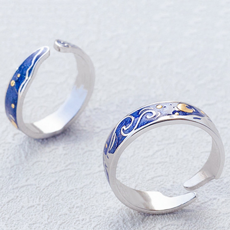 flowersqueen Nhẫn Đôi Khắc Hình Mặt Trăng Và Ngôi Sao Thời Trang