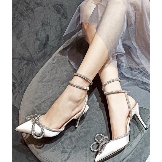 Giày cao gót nữ chất satin lụa nơ đá lấp lánh quai đá cổ chân 2 vòng sang chảnh TH63