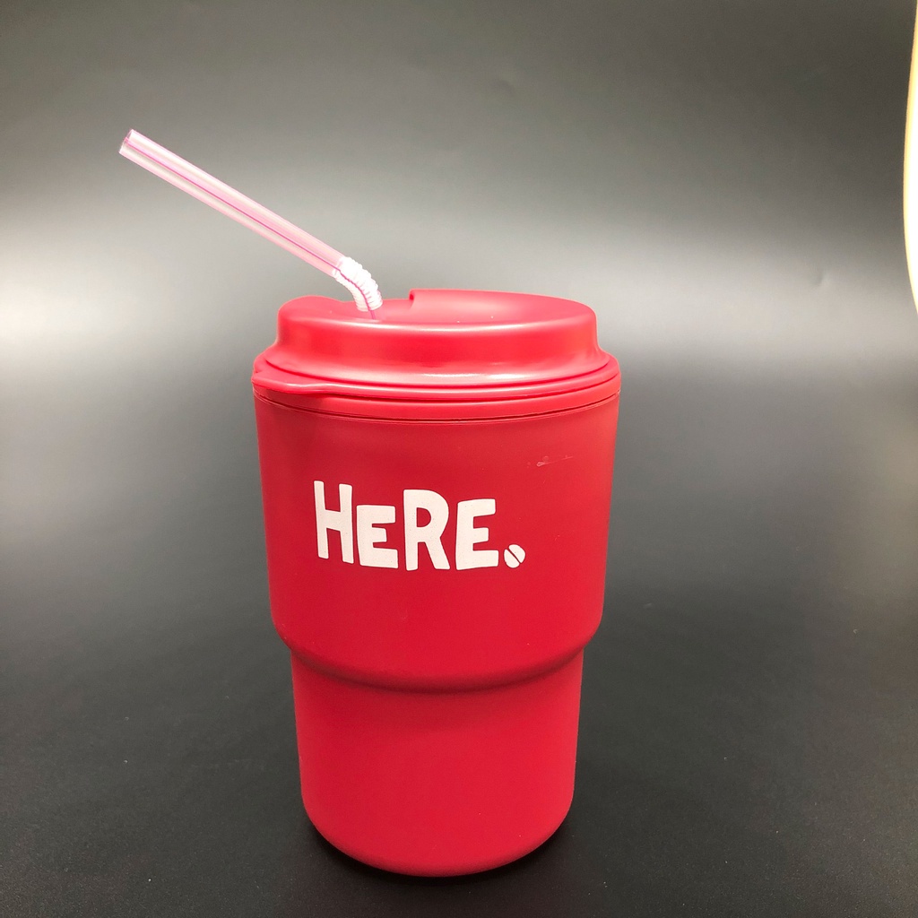 Cốc uống cafe, uống nước 2 lớp giữ nhiệt kèm nắp xoay có lỗ cắm ống hút 320ml hàng nội địa Nhật