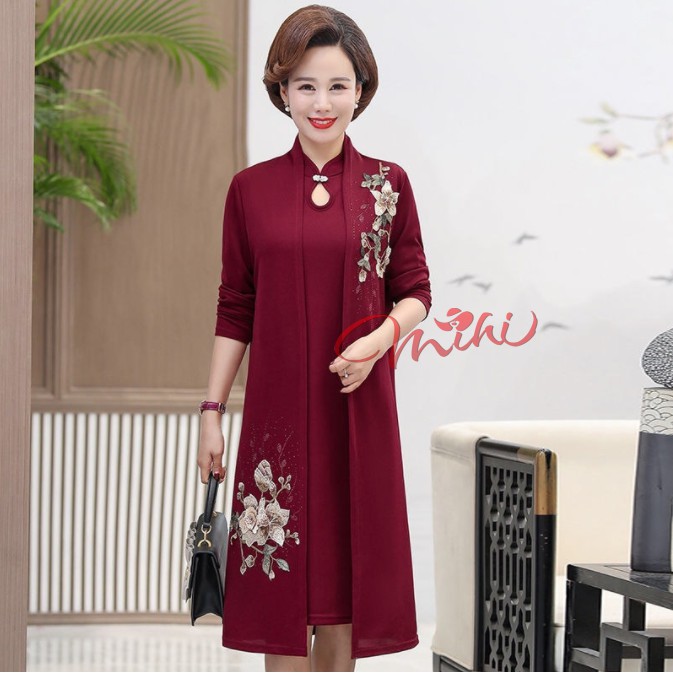 Váy trung niên nữ sang trọng thu đông V66 cổ tàu &amp; áo choàng 3 màu - Đầm dự tiệc thời trang cho mẹ trung tuổi cao cấp