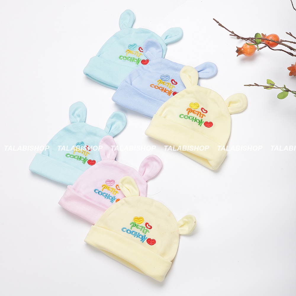 Mũ sơ sinh cho bé gái trai 100% cotton, Nón Tai Thỏ che thóp đến 4 tháng, Sét Bao tay Chống Cào Xước cho bé 4 tháng tuổi