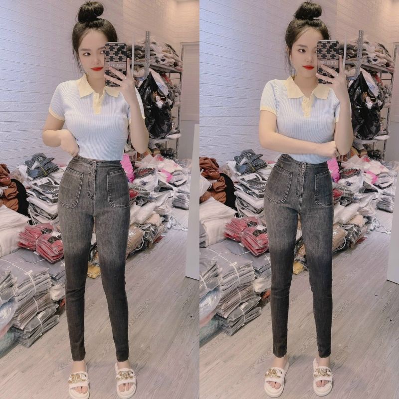 Áo len ôm body pha cổ bẻ hàng QC