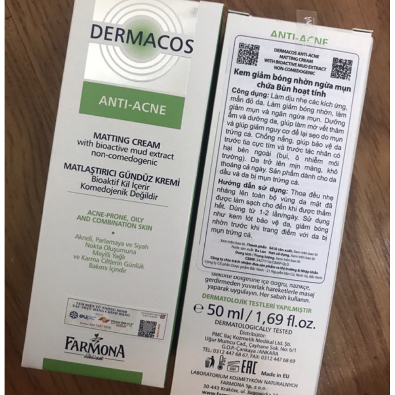 Kem dưỡng Kiềm dầu Giảm Mụn Trứng Cá Dermacos Farmona Anti Ance Matting Cream 50ml