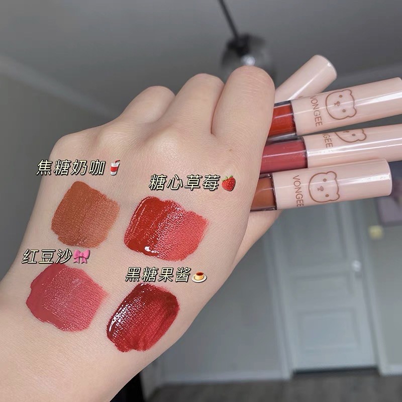 MẪU MỚI Set Son Kem Lì 4 Cây VONGEE Gấu Nâu Trong Suốt Dễ Thương Bộ Son Kem Lì Không Dính Cốc Cô Gái Cổ Trang | Thế Giới Skin Care