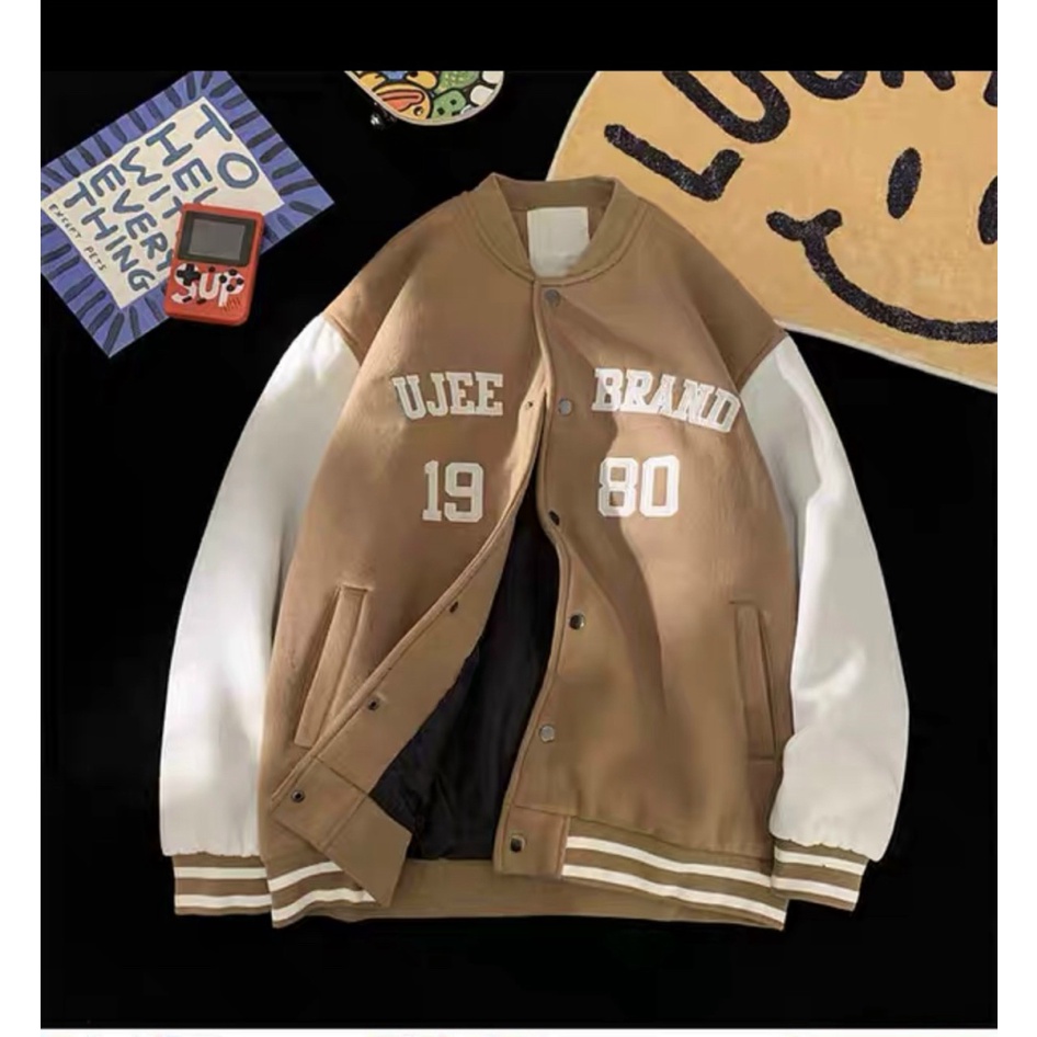 Áo Khoác Bomber Nam Chất Nỉ 2 Lớp in 1980 Kiểu Dáng Bóng Chày Phối Cúc Bấm Hiện Đại [New Unisex]