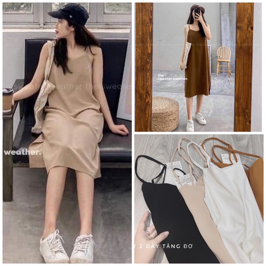 Đầm 2 dây xẻ tà dáng suông