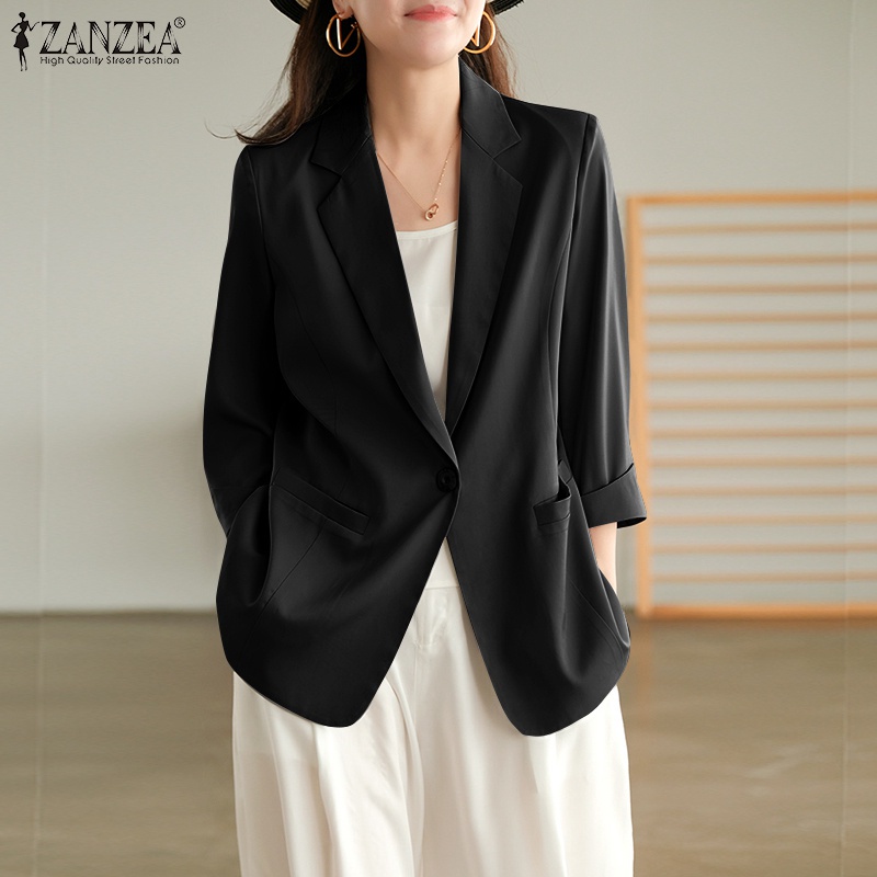 Áo khoác blazer ZANZEA bằng satin tay dài cổ lật xuống có nút gài thời trang công sở cho nữ