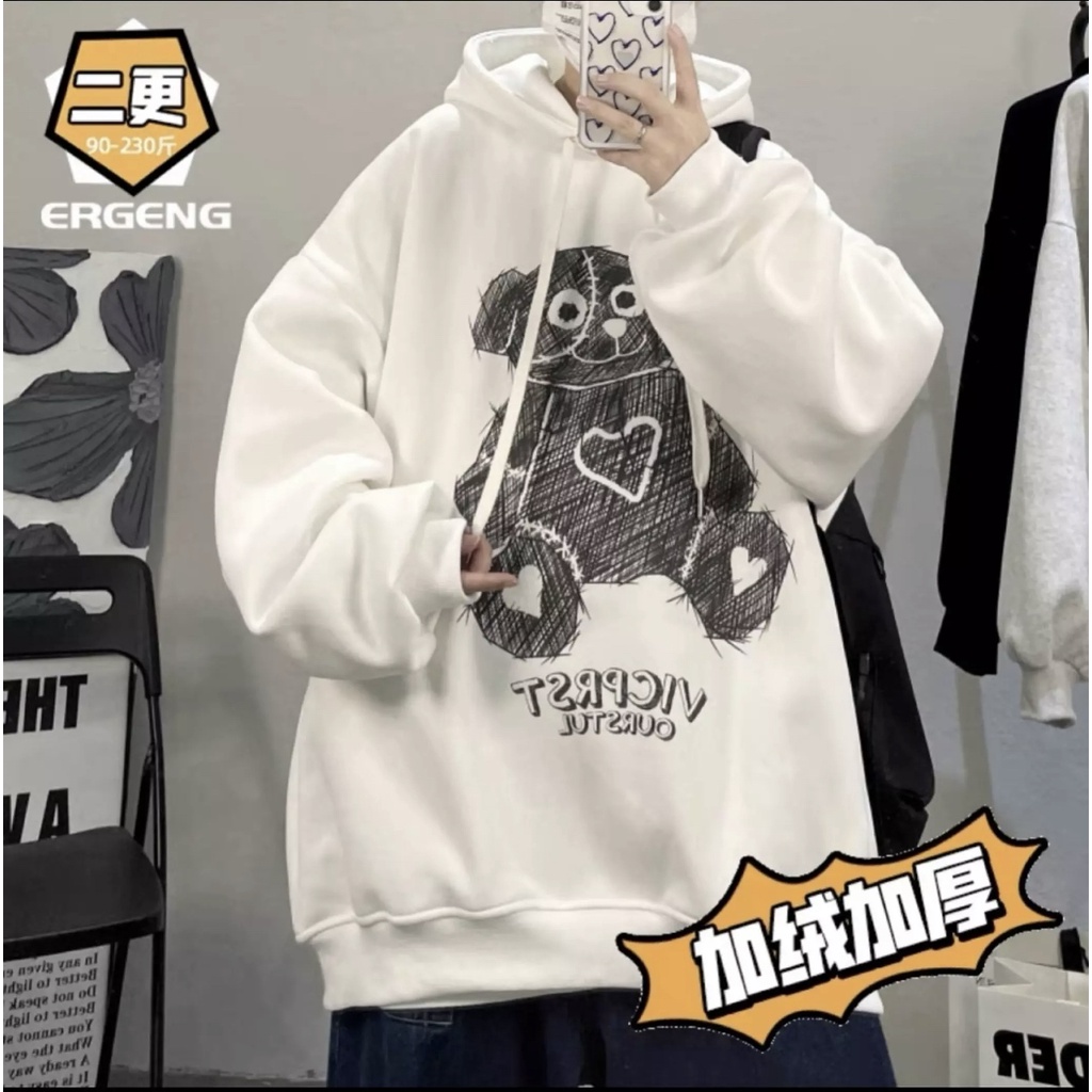 Áo Khoác Hoodies Unisex Form Rộng In Hình Chú Gấu - Chống Lạnh Thời Trang