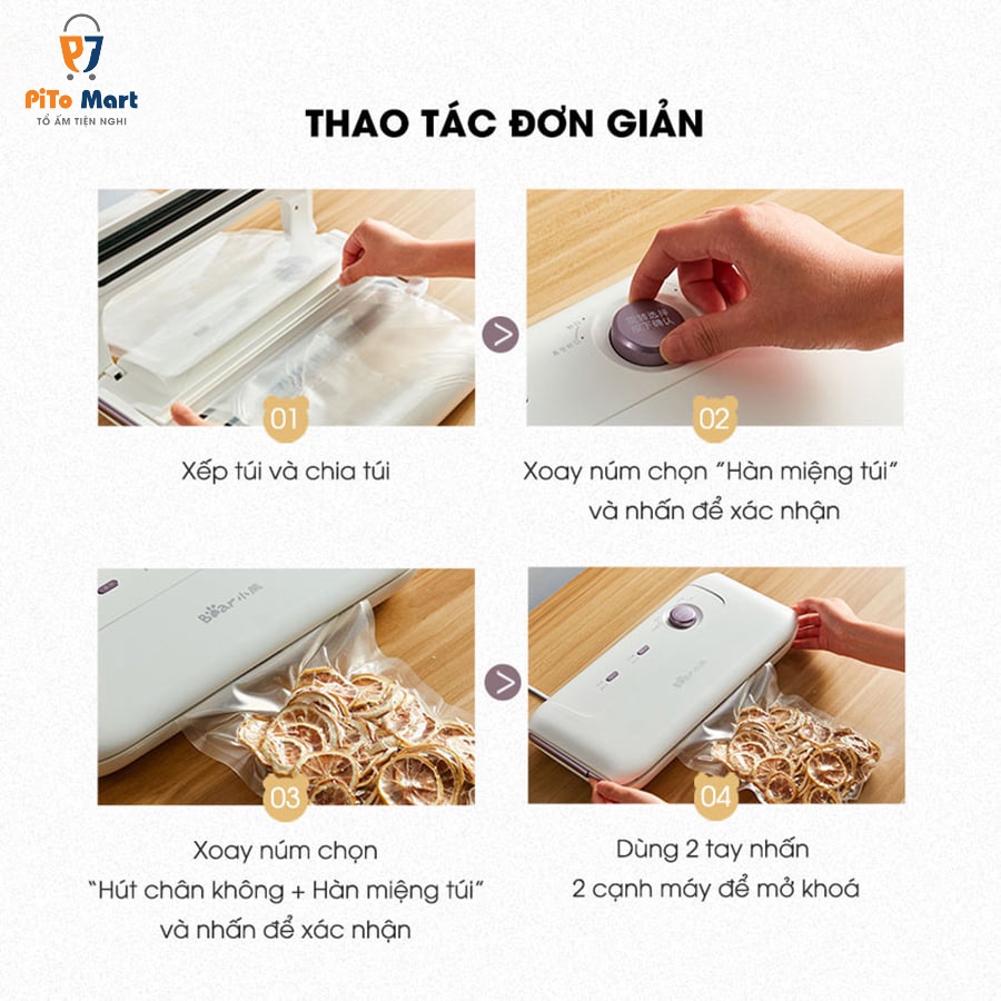 Máy hút chân không thực phẩm, Máy hút chân không mini Bear VS-B01V1 màu trắng công suất 130W hàn miệng túi tiện lợi