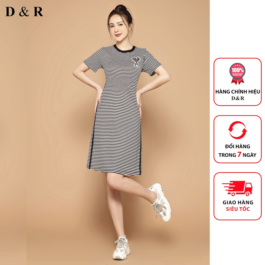 Đầm suông nữ sọc đính logo tim Quảng Châu cao cấp thương hiệu thời trang D&R D051