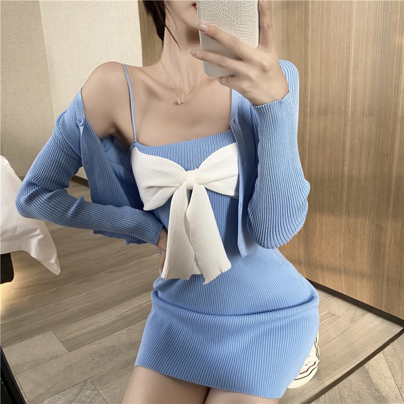 Cả set áo khoác tay dài len cardigan croptop form ngắn có nút cài + đầm 2 dây ôm tôn dáng body nơ ulzzang ( 3 màu )