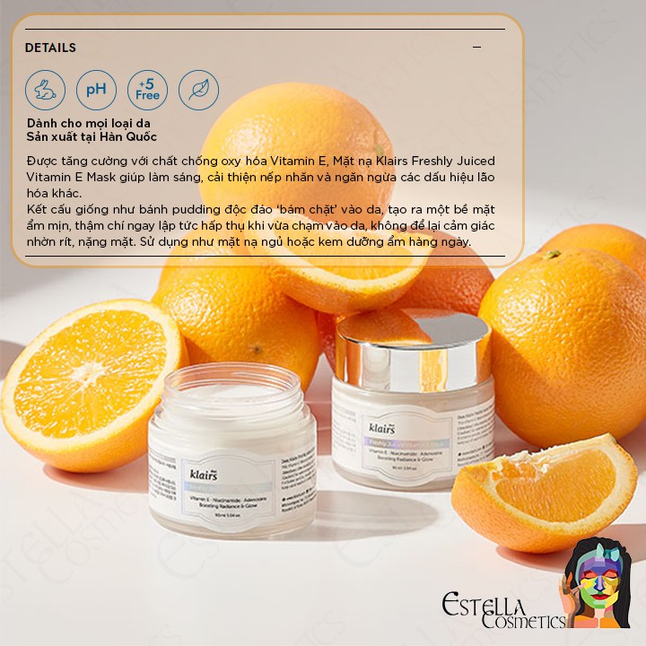 Mặt Nạ Ngủ &amp; Kem Dưỡng Ẩm Sáng Da Klairs Freshly Juiced Vitamin E Mask (15ml, 90ml)