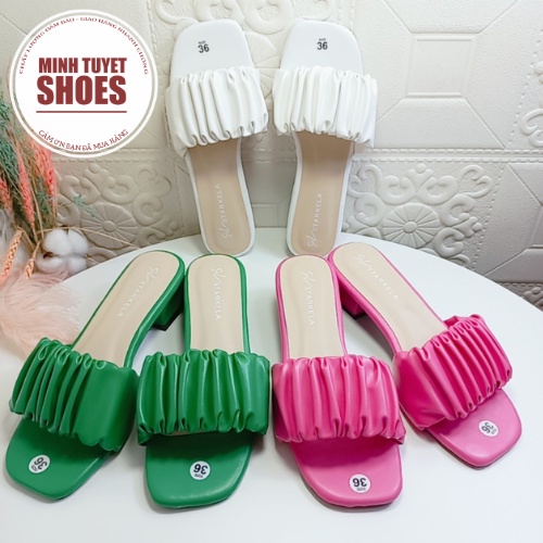Dép nữ đế vuông cao 3cm quai ngang nhún bèo xinh xắn 4 màu đen trắng xanh hồng Minhtuyetshoes