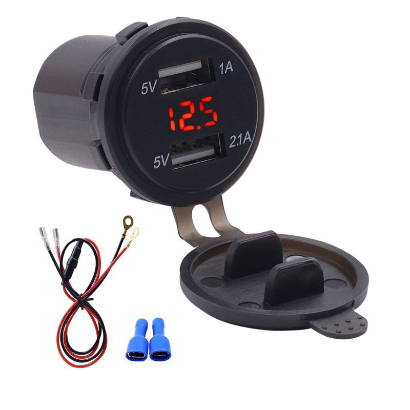 12V 24V Waterproof 2.1A Dual USB Port Car Charger With LED Voltmeter Mobile Phone Charging Power Outlet Adapter For Car Marine ATV Boat Motorcycle Truck  