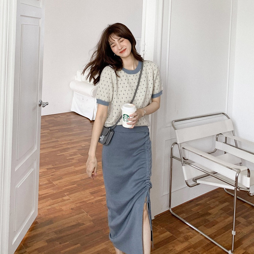Áo phông hoạ tiết nhí tay nhí forgirl phối viền xanh thanh lịch