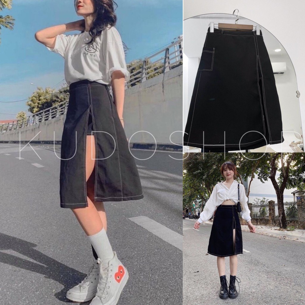 Chân váy suông dáng dài giả jeans xẻ tà thời trang hàn quốc/ Chân váy nữ lưng cao dập chỉ nổi ulzzang_kudoshop