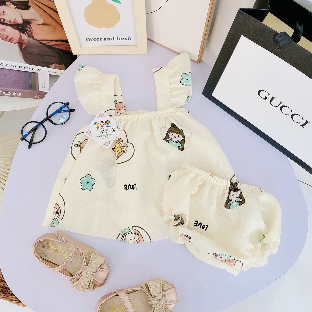 AV20 Bộ Áo Váy 2 Dây Cánh Tiên Hoạ Tiết Hoa Quả Cho Bé Chất Liệu Vải Đũi Nhăn Đủ Size Từ 8-18Kg VNXK Nhật-Hàn