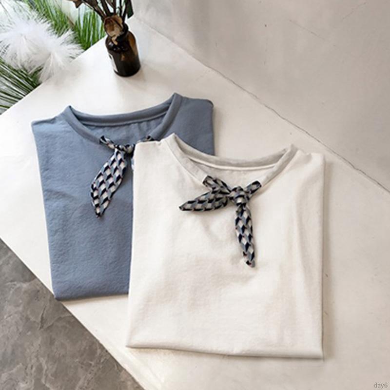 Áo thun tay ngắn cổ tròn thắt nơ thời trang Hàn Quốc dành cho bạn nữ