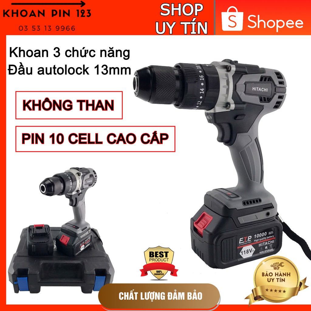 Máy khoan pin bắt vít 3 chức năng không chổi than Hitachi 118vf đầu 13mm khoan tường, khoan gỗ, sắt