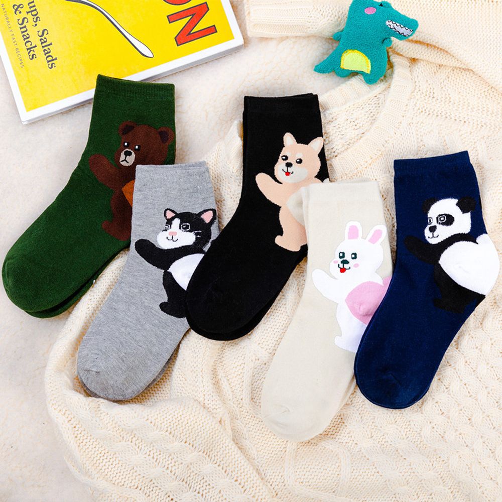 IVORY Fashion Cartoon Animal Socks Cute Crew socks Women Cotton Socks Happy Female Bear Dog Absorb Sweat 1 Pair Mid-tube