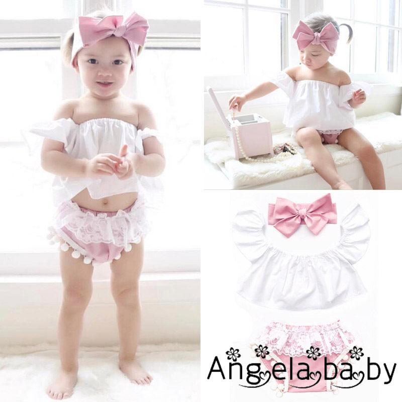 Set áo croptop trễ vai kèm quần và băng đô nơ xinh xắn cho bé gái