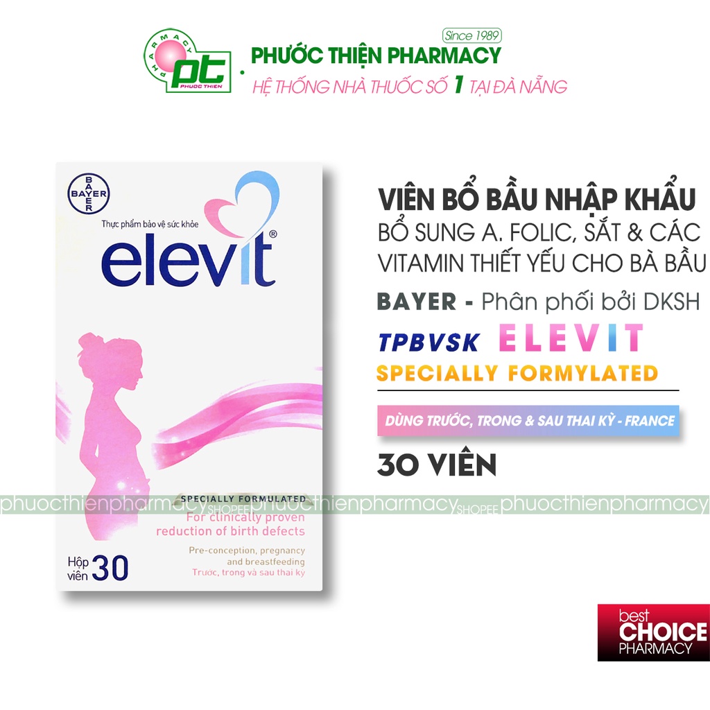 [Nhập khẩu DKSH] Vitamin tổng hợp cho bà bầu Elevit Bayer Hộp 30 Viên - Hàng chuẩn nội địa Úc - Phước Thiện Đà Nẵng
