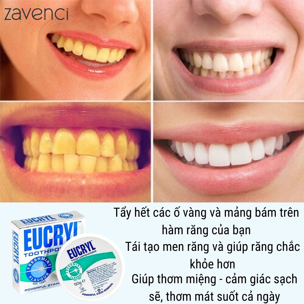 Bột trắng răng - kem đánh răng EUCRYL combo thơm miệng chống ê buốt 50g - ZAVENCI Official