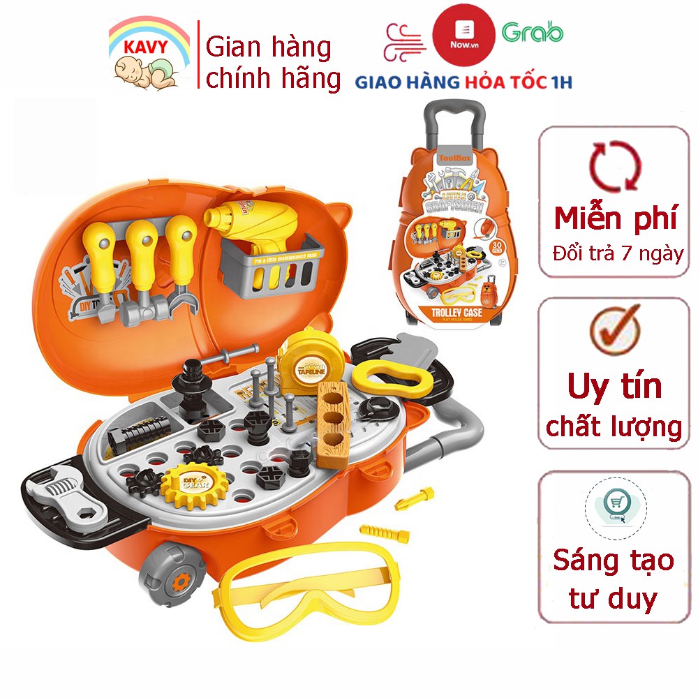 Bộ đồ chơi dụng cụ sửa chữa  KAVY có kìm, búa, vít, khoan ... kèm vali đựng đồ nhựa nguyên sinh an toàn