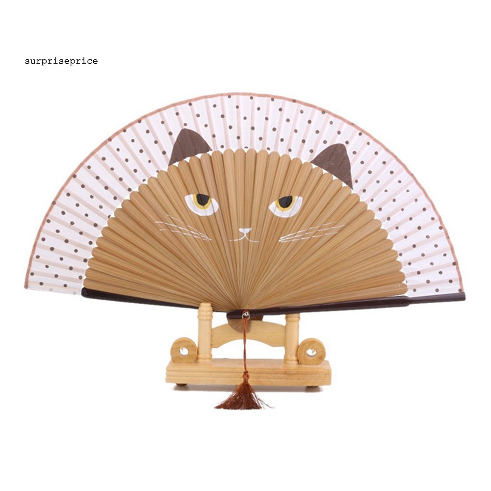 Quạt xếp cầm tay in hình mèo phong cách cổ điển
