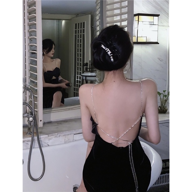 Hàng có sẵn Yona’s Đầm hai dây sexy thiết kế hở lưng xẻ tà dự tiệc phong cách Retro kèm Feelback khách xinh D5B