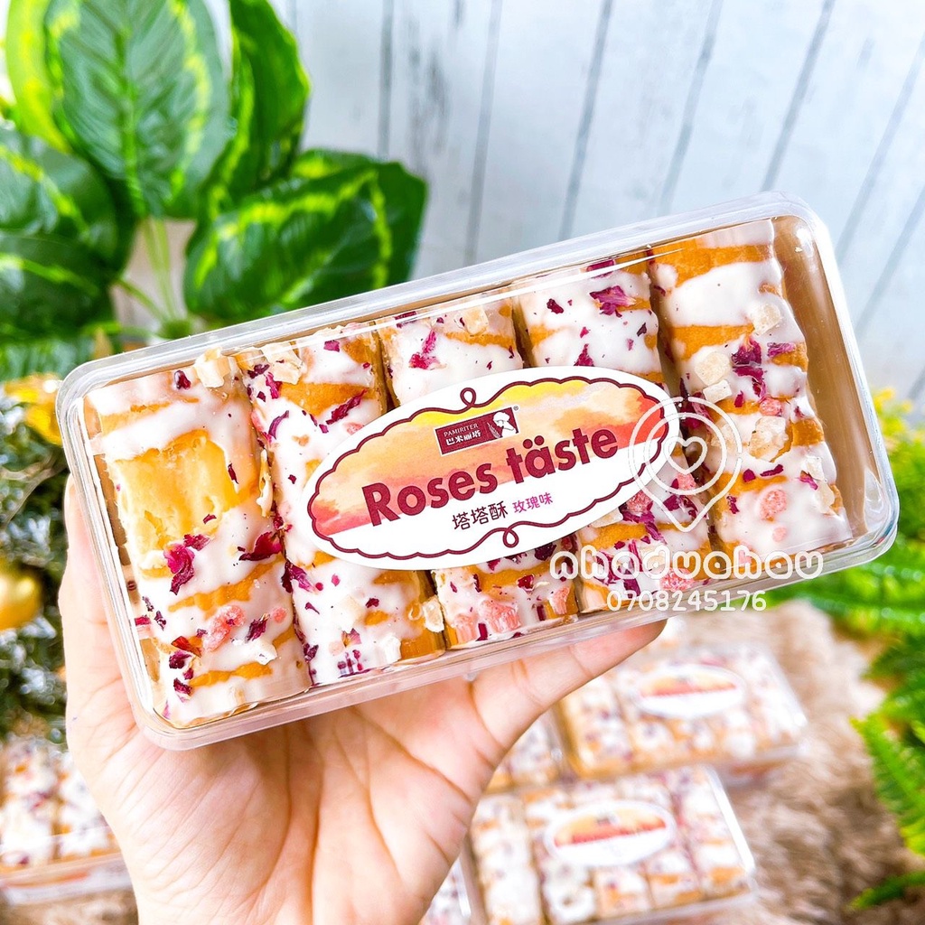 Một hộp bánh nướng ngàn lớp cuộn kem sữa mứt trái cây hoa hồng ngon đẹp mắt hàng chuẩn Đài Loan xịn hộp 130gam