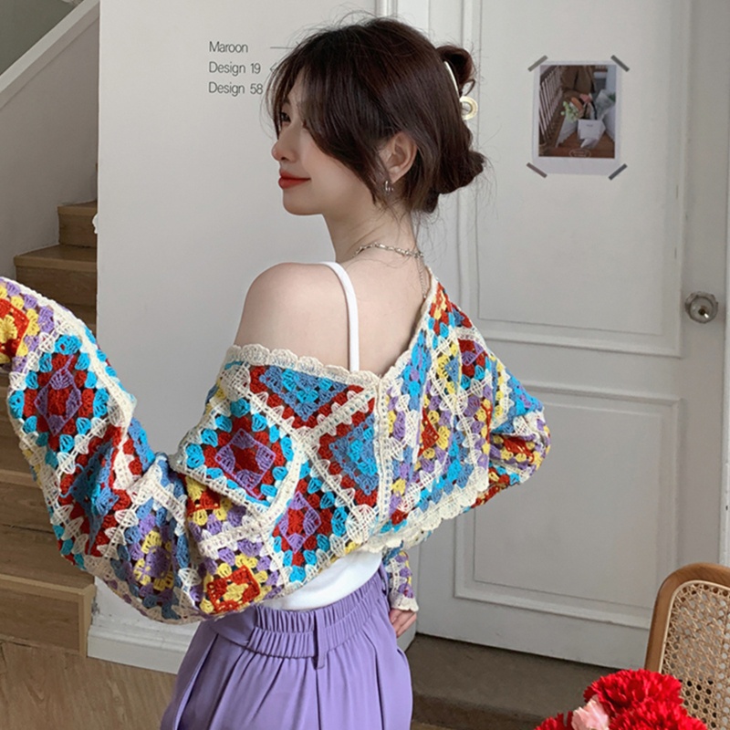 Áo Khoác Cardigan Dệt Kim Mỏng Tay Dài Phong Cách Boho Nhiều Màu Sắc